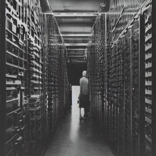 Prompt: grainy underexposed photo of Marcel Duchamp in a huge minimal machine room full of ancient computers, tri-x, Rinko Kawauchi, archival pigment print, occult dream, contemporary art