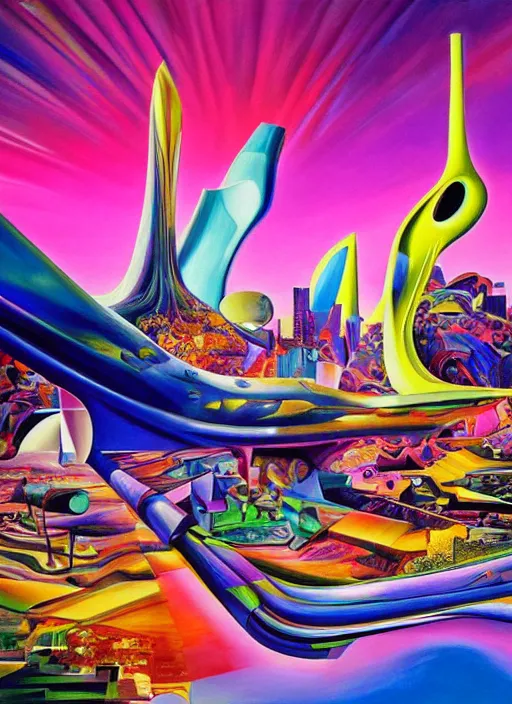 Image similar to an extremely high quality hd surrealism painting of a 3d galactic neon complimentary-colored cartoon surrealism melting optically illusiony high-contrast zaha hadid futuristic cityscape face by kandsky and salvia dali the second, salvador dali's much much much much more talented painter cousin, clear shapes, 8k, realistic shading, ultra realistic, super realistic