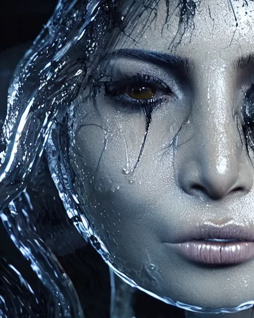 Image similar to epic full - ov - shot still of kim kardashian unconscious wearing a black lace dress in a transparent alien liquid, wet flowing hair, gooey skin, illustration, unreal engine 5, 8 k, made by h. r. giger.