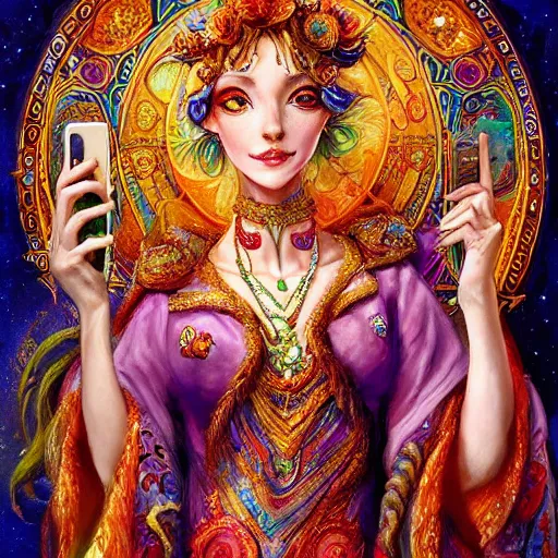 Image similar to a zodiac goddess checking her cell phone by senior concept artist josephine wall, acrylic on canvas, intricately detailed, high resolution trending on artstation