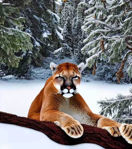 Prompt: ripped up postcard showing 'a cougar sleeping in the middle of snowy pine tree' laying on coffee table, zoomed out shot, HD, iphone capture