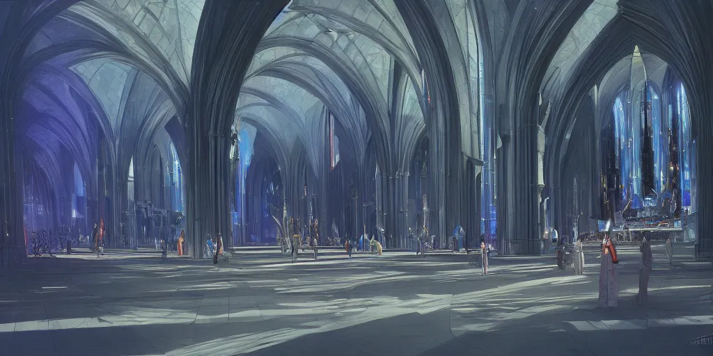 Image similar to a futuristic cathedral interior with holograms all over, ralph maquarrie and syd mead cinematic painting, 4 k