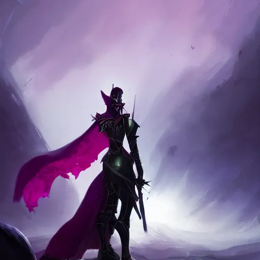 Image similar to masterpiece digital painting of a woman knight, visible face, heavy black obsidian armor, chaotic ruby inlays, large cape, by kev walker and greg rutkowski, atmospheric fog effects background, purple sparkles, artstation, deviantart, full body view, cinematic lights