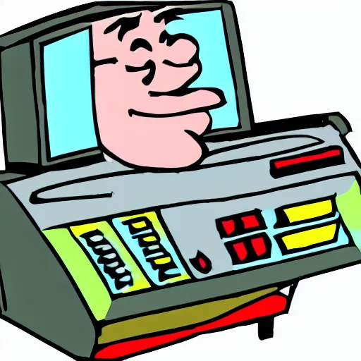 Prompt: 1 9 9 0 s clip art of a laughing crazy fax machine, windows 3. 1, ms - dos, early computer clip art