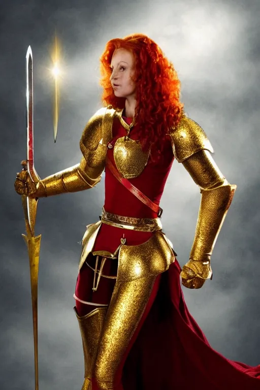 Image similar to a tall, red - haired female knight wearing golden armor and a right golden prosthetic arm, she wields a long golden blade