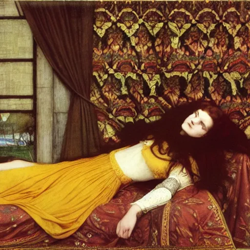 Image similar to preraphaelite photography reclining on bed, a hybrid of judy garland and lene lovich, aged 2 5, big brown fringe, yellow ochre ornate medieval dress, john william waterhouse, kilian eng, rosetti, john everett millais, william holman hunt, william morris, 4 k