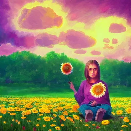 Image similar to giant daisy flower head, girl sitting in a flower field, surreal photography, sunrise, dramatic light, impressionist painting, colorful clouds, digital painting, artstation, simon stalenhag