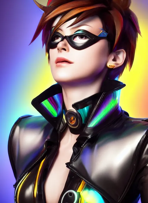 Image similar to portrait bust digital artwork of tracer overwatch, wearing black iridescent rainbow latex and leather outfit, 4 k, expressive happy smug expression, makeup, in style of mark arian, angel wings, wearing detailed black leather collar, chains, black leather harness, detailed face and eyes,