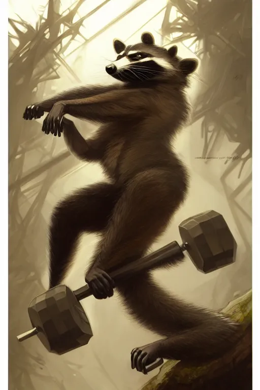 Image similar to anthro raccoon lifting weights, dim dingy gym, dynamic pose, fantasy, intricate, elegant, highly detailed, digital painting, artstation, concept art, matte, sharp focus, illustration, art by artgerm and greg rutkowski and alphonse mucha