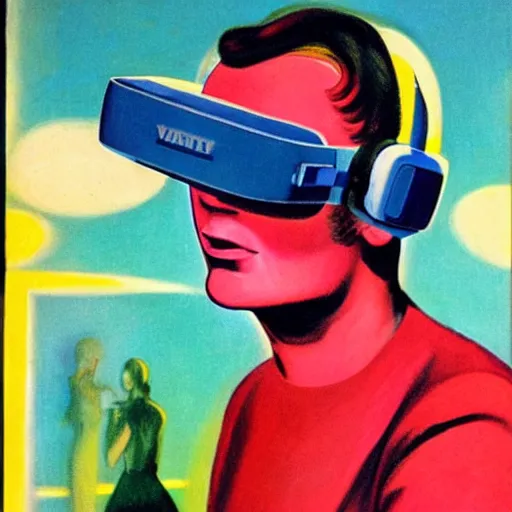 Prompt: man wearing virtual reality headset, space, shocked expression, galaxy, 1950s art deco, retrofuturism, edward hopper