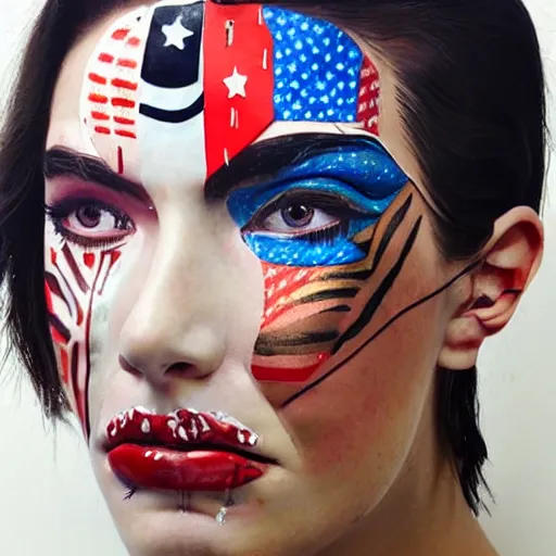 Image similar to a beautiful portrait sculpture designed by Sandra Chevrier, tribal head dress, American stars and stripes on face