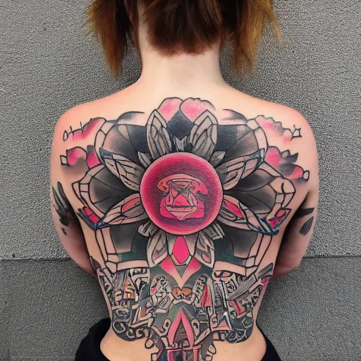 Image similar to sp - 4 0 4 audio mixer in the style of tattoo along female lower back