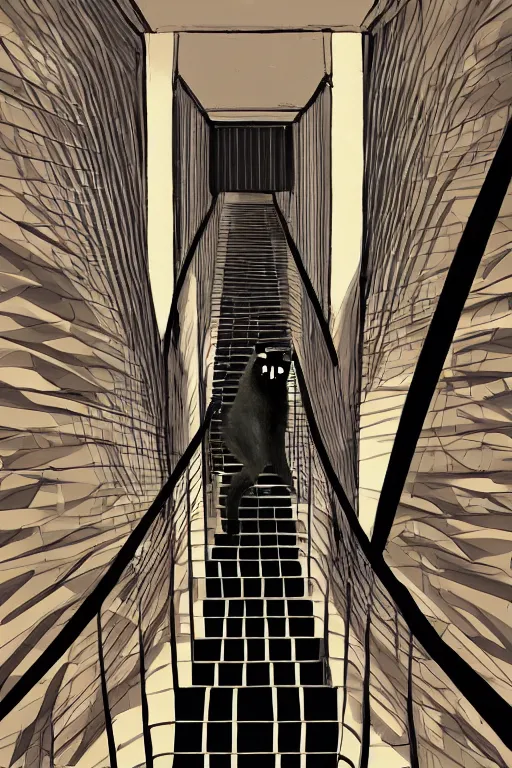 Prompt: looking down a flight of stairs at a black cat, first person perspective, digital illustration, artstation, artstation hq, hd