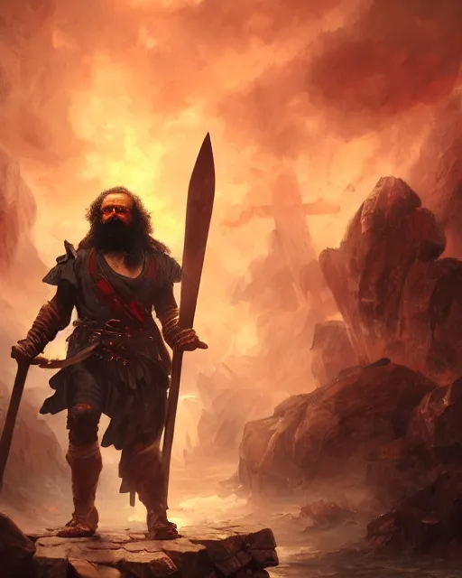 Prompt: oil painting of Angry Karl Marx as barbarian warrior sharp focus, holding Axe, heroic pose, fantasy style, octane render, volumetric lighting, 8k high definition, by greg rutkowski, highly detailed, trending on art Station, magic the gathering artwork, Battlefield backround, centered