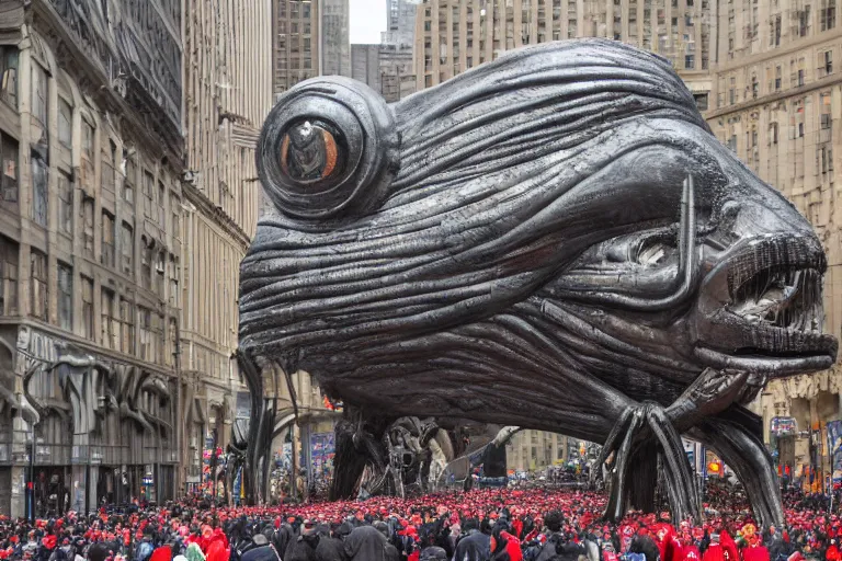 Image similar to photo of giant parade float designed by wed anderson and hr giger, in the macys parade, detailed 4 k photo