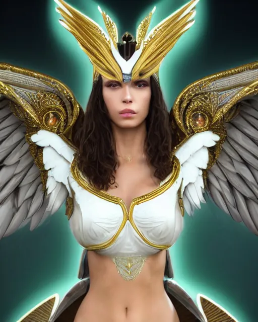 Prompt: perfect brunette egyptian queen wearing white dove wings, warframe armor, regal, attractive, ornate, sultry, sexy, beautiful, dreamy, elize theron, pretty face, green eyes, detailed, scifi platform, 4 k, ultra realistic, epic lighting, illuminated, cinematic, masterpiece, art by akihito tsukushi, voidstar, artgerm