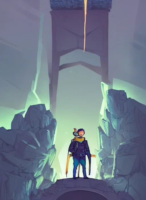 Prompt: comic book art of a [ man ] in trenchcoat in armour crossing a [ old bridge ] above a [ crevasse ] [ giant gemstones ], looking up at a glowing beam of light crystal, [ low angle ], artstation illustration, elegant, arcane by tim doyle