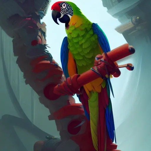 Prompt: anthropomorphic fashion vogue Macaw parrot man man wearing a parrot costume wearing a tuxedo ripped physique christopher lovell gerald brom bastien grivet greg rutkowski portrait