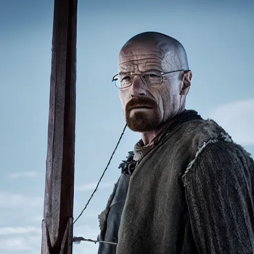 Prompt: Walter White Standing at the bow of a ship in Vikings TV series.