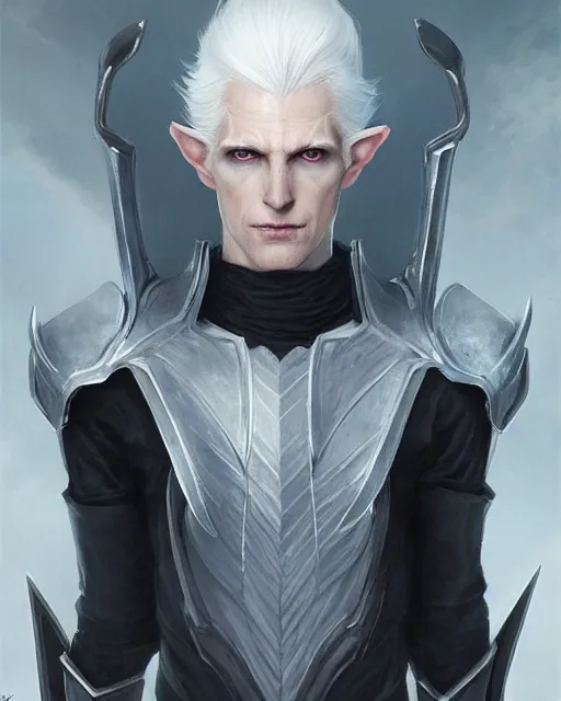 Image similar to character portrait of a slender young white haired half elven man with piercing blue eyes and pale bluish skin, wearing smooth sleek pearlescent black wraithbone powerarmor, by greg rutkowski and mark brookes and jim burns and tom bagshaw and magali villeneuve, trending on artstation