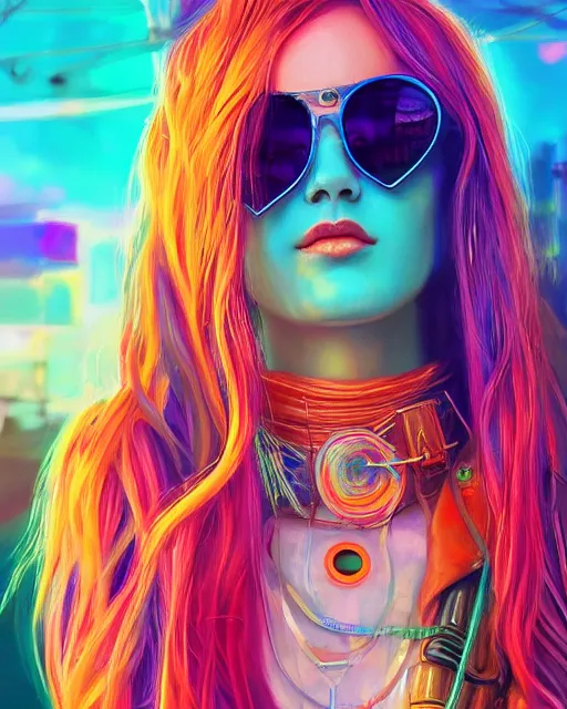 Prompt: colorful portrait of a female hippie with heart sunglasses, set in the future 2 1 5 0 | highly detailed | very intricate | symmetrical | professional model | cinematic lighting | award - winning | painted by mandy jurgens and ross tran | pan futurism, dystopian, bold psychedelic colors, cyberpunk, groovy vibe, anime aesthestic | featured on artstation