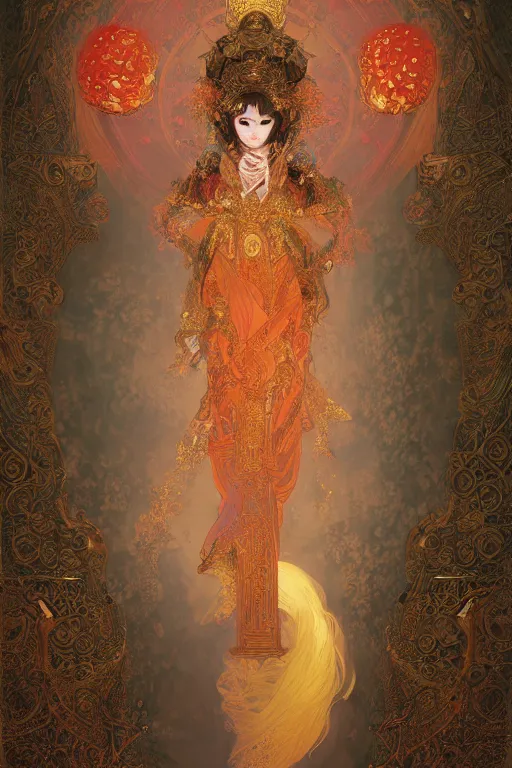 Image similar to tarot card artstation, portrait of an asian love dancer, sunrise, baroque ornamnet and rococo ornament, ancient chinese ornate, hyperdetailed, beautiful lighting, craig mullins, mucha, klimt, yoshitaka amano, red and gold and orange color palatte