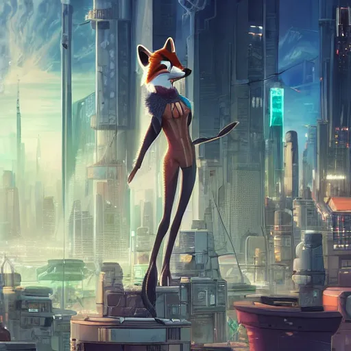 Image similar to an anthropomorphic fox with a fluffy tail staring over a futuristic city from the top of a roof, highly detailed, trending on furaffinity, cyberpunk, backlighting, cartoon