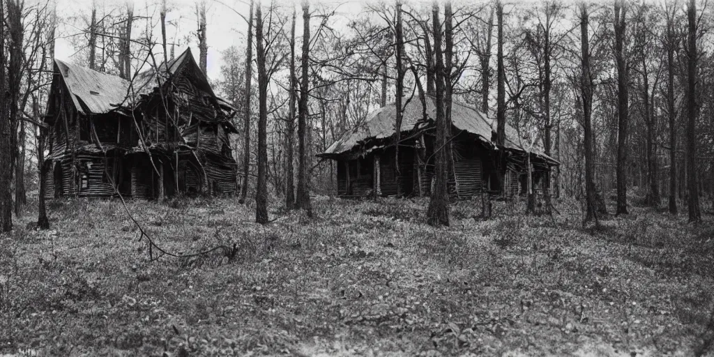 Image similar to abandoned and partially broken down wooden house in an ominous forest, 1 9 0 0 s photography