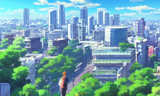 Image similar to Overlooking a modern city, summer sunny day, by Makoto Shinkai, super wide angle