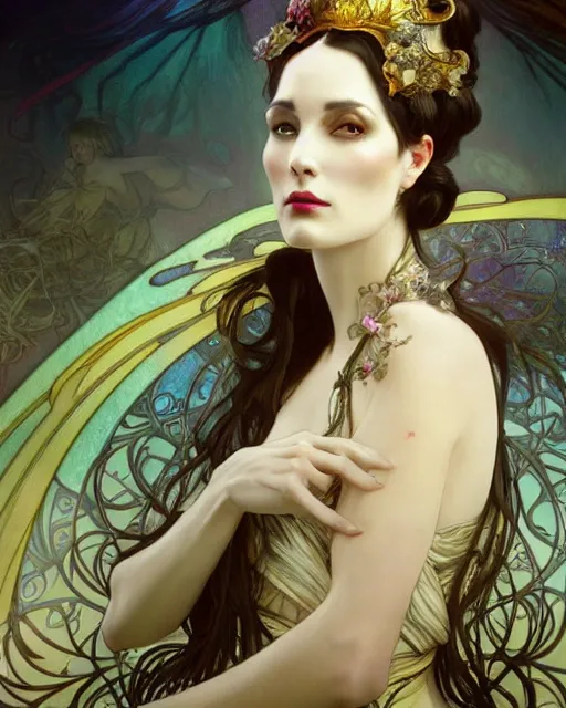 Image similar to wlop and alfons mucha detailed portrait digital rococo painting of a beautiful serious villainess wearing fantasy clothing like liliana vess, villainess has black angel wings, evil mood, hellish battlefield in the background, unreal engine, embers flying, hyper realism, realistic shading, cinematic composition, blender render, octane render, ultrawide shot