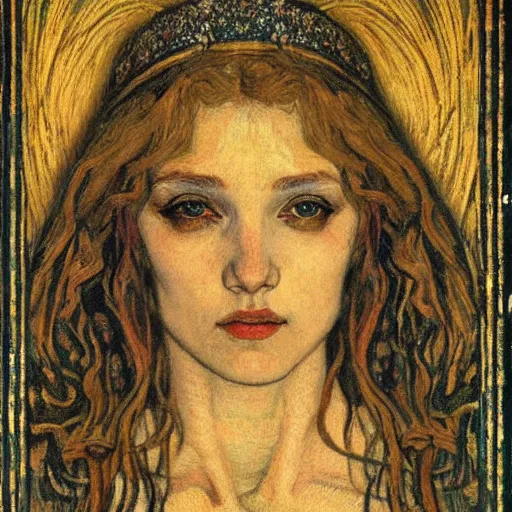 Image similar to detailed realistic beautiful young medieval queen face portrait by jean delville and vincent van gogh, art nouveau, symbolist, visionary, gothic, pre - raphaelite