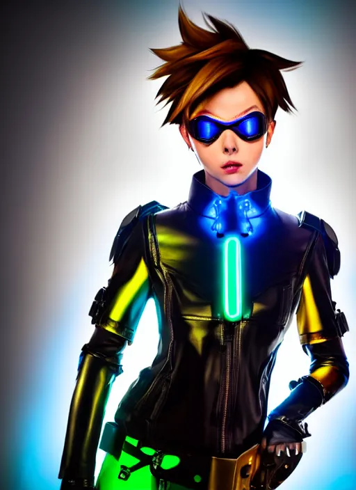 Image similar to hyperrealistic style portrait of tracer overwatch, confident pose, wearing black iridescent rainbow latex, rainbow, neon, 4 k, expressive happy smug expression, makeup, in style of mark arian, wearing detailed black leather collar, wearing sleek armor, black leather harness, expressive detailed face and eyes,