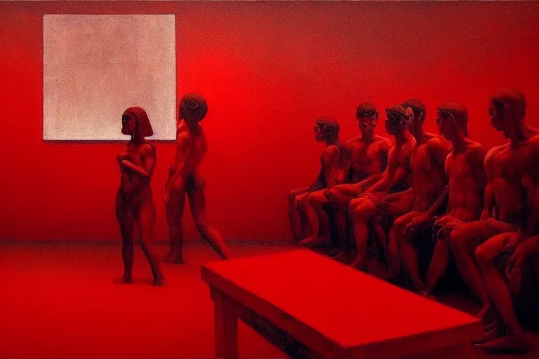 Image similar to only with red, crowd screaming, an exposed painting in a roman theater, in the style of beksinski, parts by edward hopper, parts by rodcenko, parts by yue minjun, intricate and epic composition, red by caravaggio, insanely quality, highly detailed, masterpiece, red light, artstation, 4 k