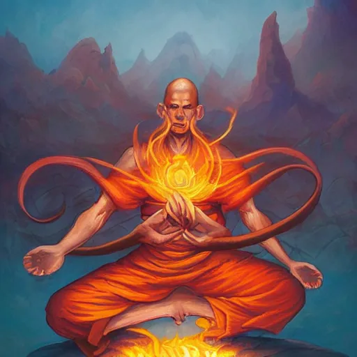 Prompt: a meditating fire monk in the desert, behind him a giant fire yin and yang symble, in the artstyle of peter mohrbacher