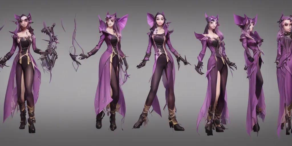 Image similar to Character sheet of prestige coven leblanc (League of Legends). 3d render, octane render, game art, realistic, highly detailed, trending on artstation, 4k, trending on artstation, pixar, cgsociety, unreal engine 5, redshift render, trending on artstation, blender, behance, cg