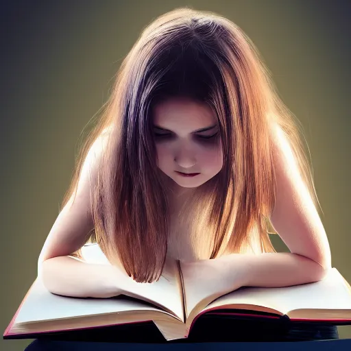 Image similar to a girl reading book, hair flowing down, high resolution, 4K, photo realistic