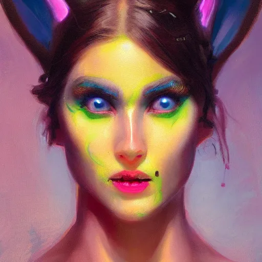 Prompt: painted close - up portrait of a neon sensual bunny girl. oil painting, wearing neon attire, fantasy art by greg rutkowski and john singer sargent and gaston bussiere, demon noble character design