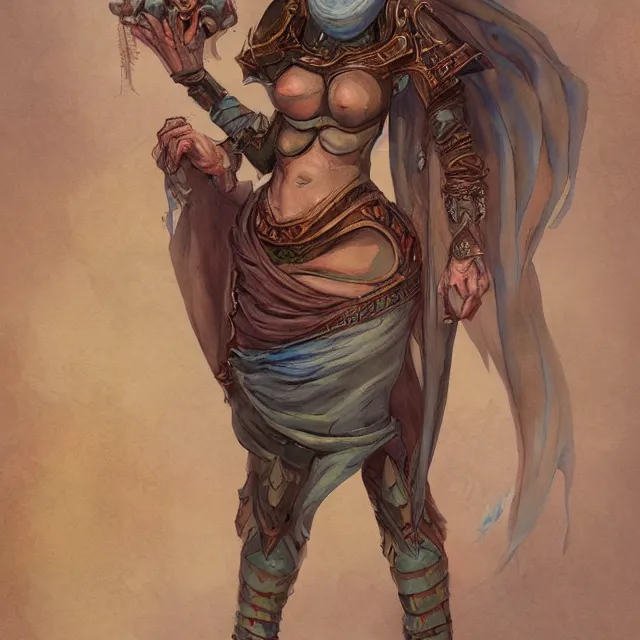 Image similar to a oil / watercolor painting full body character portrait of a irrational, uneducated female half - djinn heretic. she has a curvy build. her wardrobe is plain. in the style of moebius in the style of leonard boyarsky trending on artstation deviantart pinterest detailed realistic hd 8 k high resolution