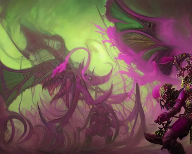 Image similar to wide shot of a chosen of slaanesh, pink and purple colours, bottom up green lighting, mutated, laughing, screaming, deep focus, d & d, fantasy, intricate, grim, highly detailed, digital painting, artstation, concept art, matte, sharp focus, illustration, hearthstone, art by artgerm and greg rutkowski and alphonse mucha