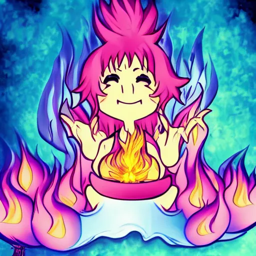 Image similar to anime style character of a piece of fluffy popcorn with a smiling face and flames for hair, sitting on a lotus flower, clean composition, symmetrical