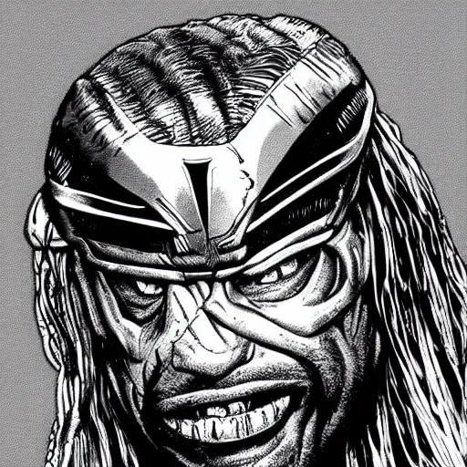 Image similar to wall street journal hedcut portrait of predator from the movie predator