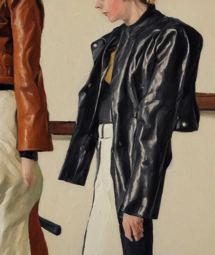 Image similar to a very detailed painting of an 8 0 s jacket with big shoulder pads, very aesthetic leather jacket, detailed closeup of leather jacket, front view, in the style of edward hopper and oswald hornby joseph birley and susan ryder, very small brushstrokes, 4 k,