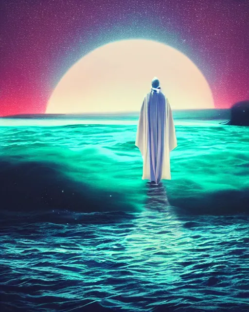 Image similar to a person wearing a white cloak standing in the water. a large planet is overhead. an album cover by stanley twardowicz, trending on cg society, retrofuturism, retrowave, chillwave, synthwave