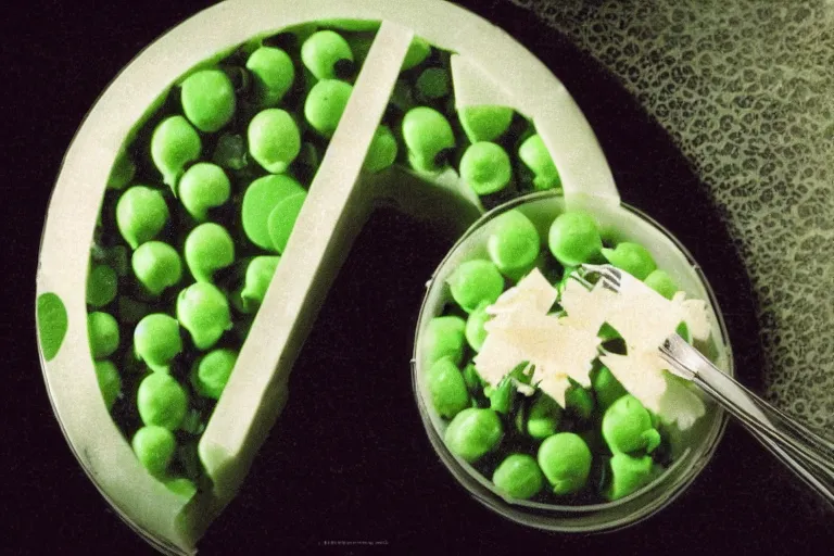 Prompt: peas and cheese aspic, in cyberspace, in 1 9 9 5, y 2 k cybercore, industrial low - light photography, still from a ridley scott movie