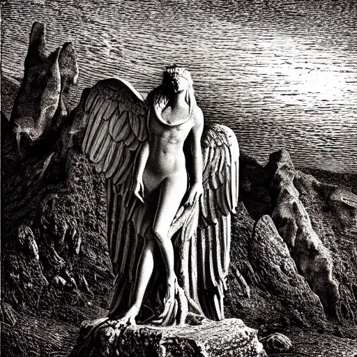 Image similar to weeping angel statues in the mohave desert, high detail, dramatic light, illustration by gustave dore