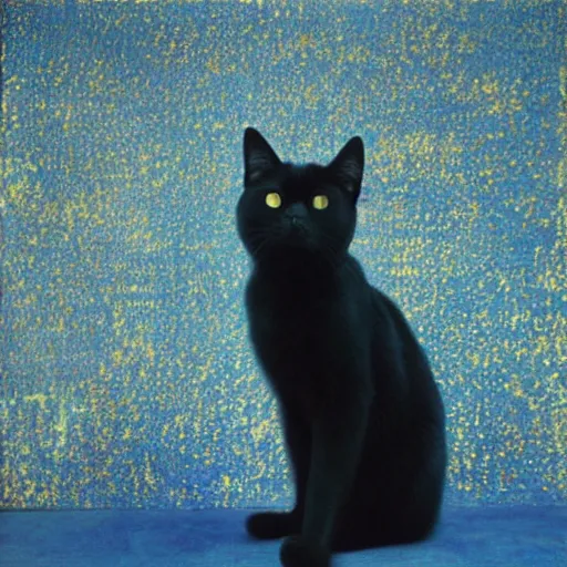 Image similar to a black cat in a blue and gold haunted liminal abandoned room, film still by gottfried helnwein, by klimt, art noveau, highly detailed, strong lights, liminal, eerie, bright pastel colors,