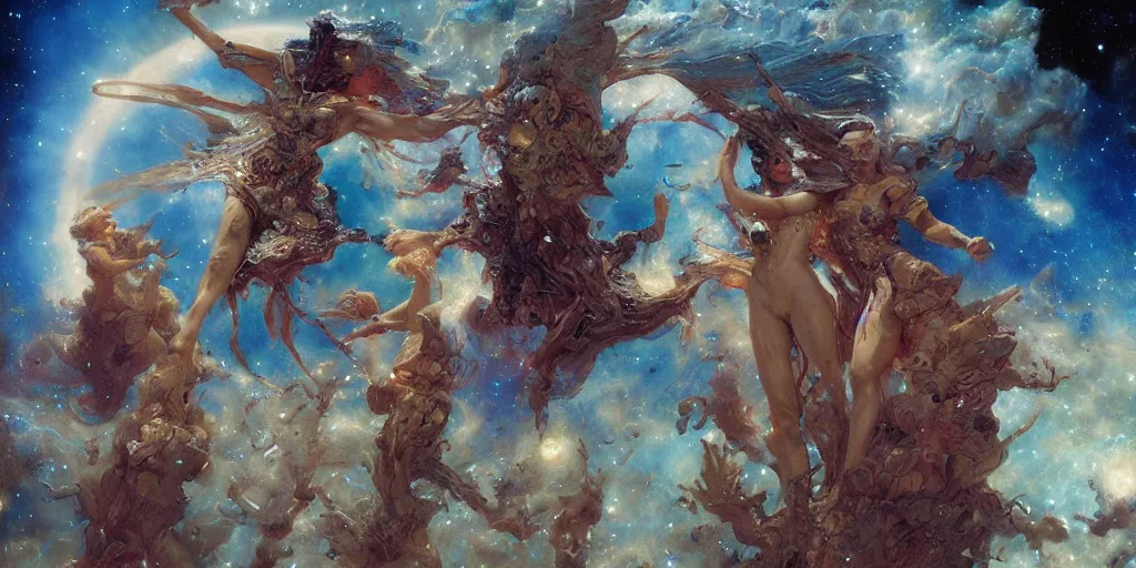 Image similar to supernova, space mermaids in space costumes, stars, painted by steve mccurry, ruan jia, raymond swanland, lawrence alma tadema, zdzislaw beksinski, norman rockwell, jack kirby, tom lovell, alex malveda, greg staples