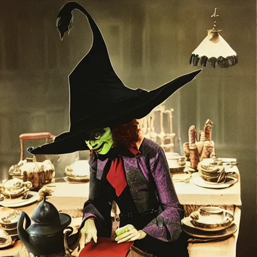 Prompt: ' the wicked witch having tea with harry potter, phorograph by annie leibovitz'