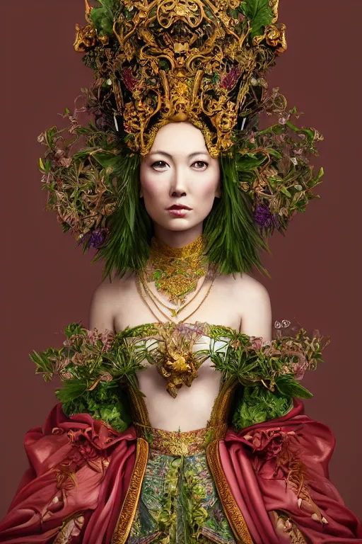Prompt: a beautiful empress portrait, with a brilliant, impossible striking big salad headpiece, clothes entirely made out of salad, everything salad, symmetrical, dramatic studio lighting, rococo, baroque, greens, asian, hyperrealism, closeup, D&D, fantasy, intricate, elegant, highly detailed, digital painting, artstation, octane render, 8k, concept art, matte, sharp focus, illustration, art by Artgerm and Greg Rutkowski and Alphonse Mucha