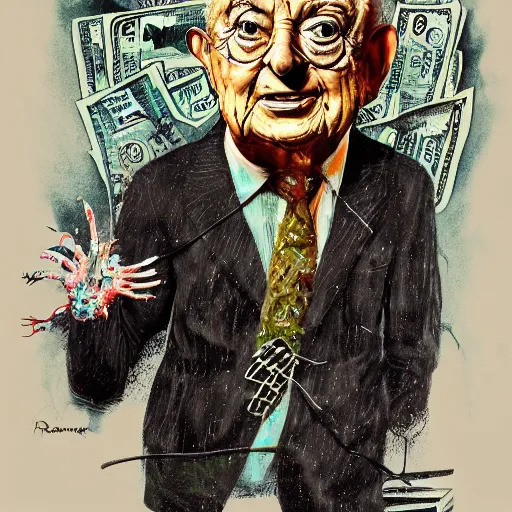 Image similar to George Soros full body shot, dollar bills Body horror, biopunk, by Ralph Steadman, Francis Bacon, Hunter S Thompson